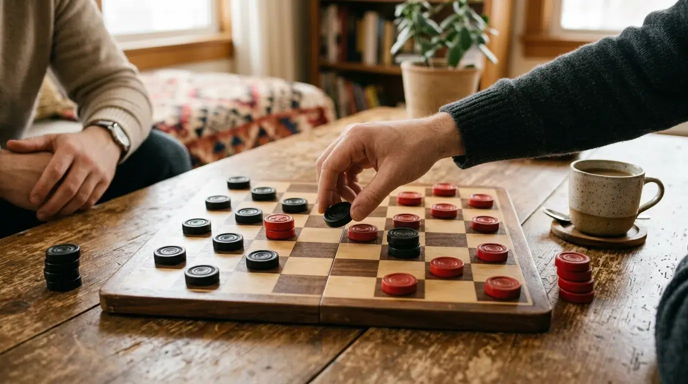 Two people playing checkers on a wooden board with black and red pieces, one hand moving a black checker
