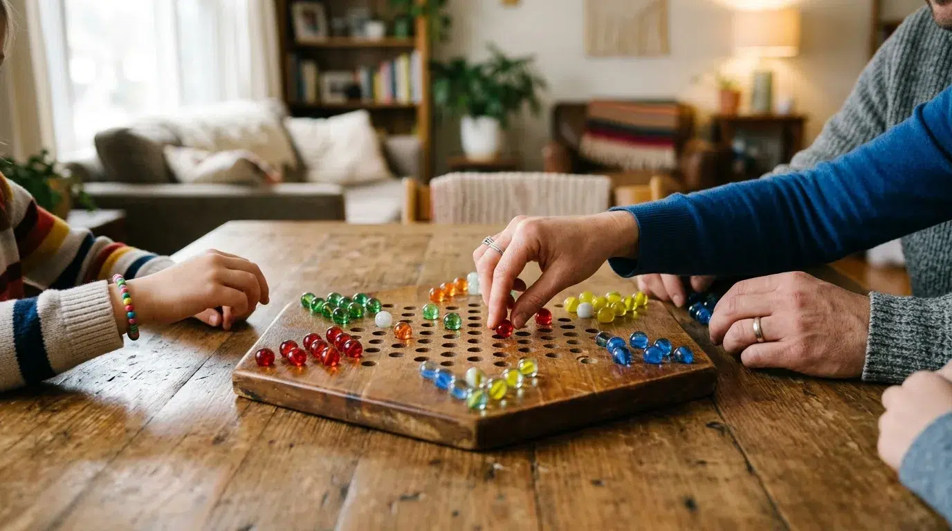 A family playing Chinese checkers on a wooden board, with red, green, yellow and blue marbles in the points of the star and one hand placing a marble