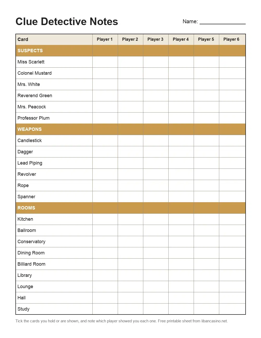 Printable Clue detective notes sheet listing every suspect, weapon and room with columns for six players