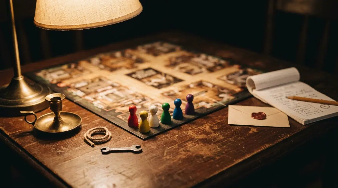 Murder mystery board game on a wooden table with six coloured pawns, a miniature candlestick, rope and wrench, a detective notepad and a sealed envelope