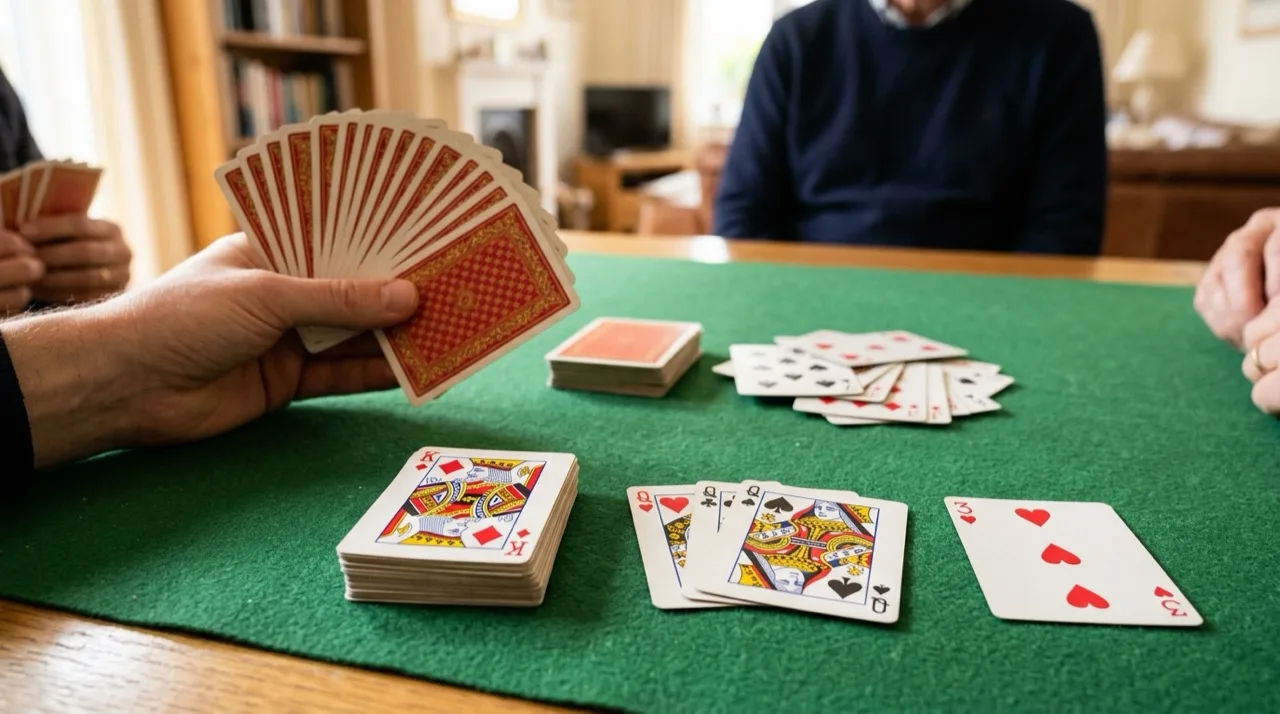 A canasta game on a green card table: a squared-up canasta of kings, a meld of queens and a red three laid out beside the draw and discard piles