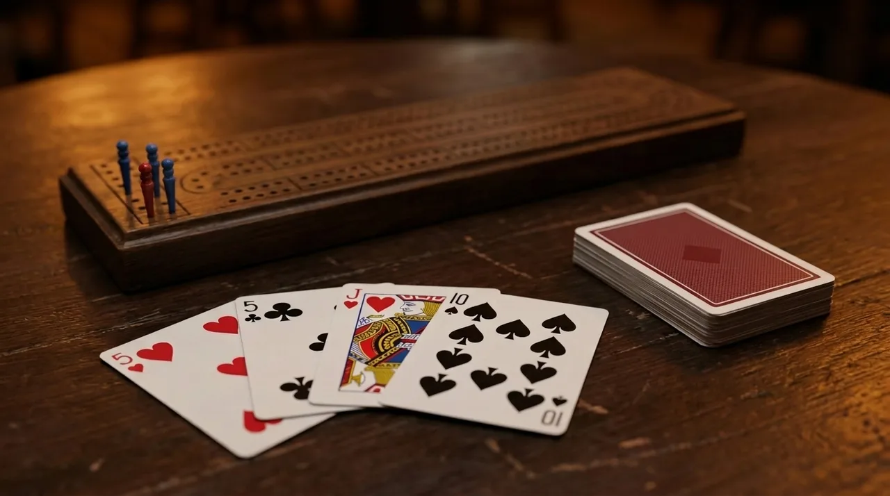 A wooden cribbage board with pegs at the start, on a dark pub table, with the 5 of hearts, 5 of clubs, Jack of hearts and 10 of spades fanned face up in front of it beside a face-down deck