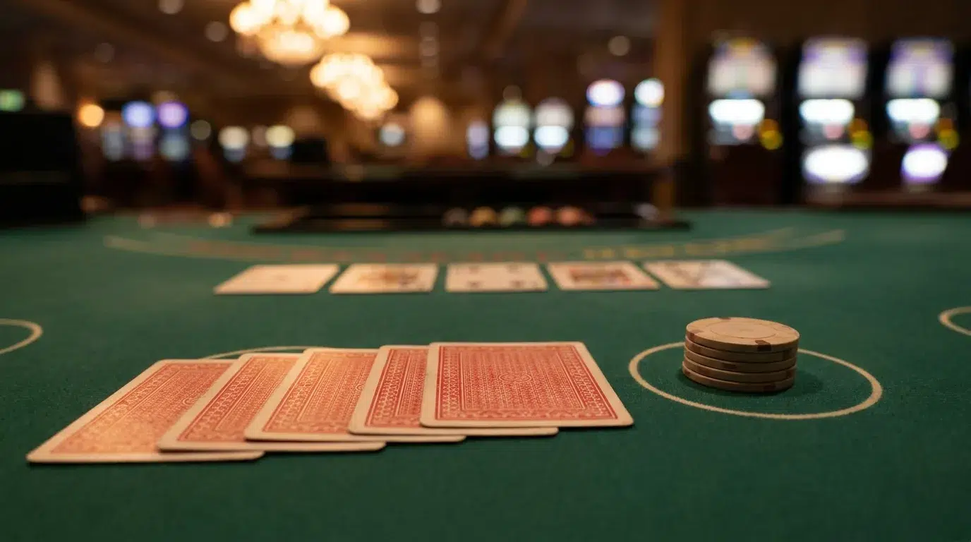 Five face-down cards and a stack of chips on the ante circle in front of the player, with the dealer's five cards out of focus behind, on a green Caribbean Stud table