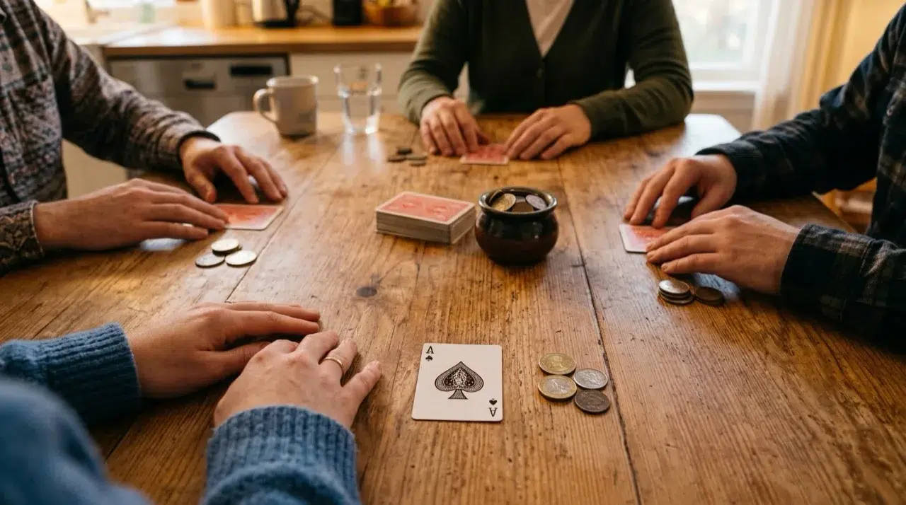 A game of Chase the Ace at a kitchen table: four players each with one face-down card and a few coins as lives, the deck and a pot of coins in the middle, and one player showing the ace of spades