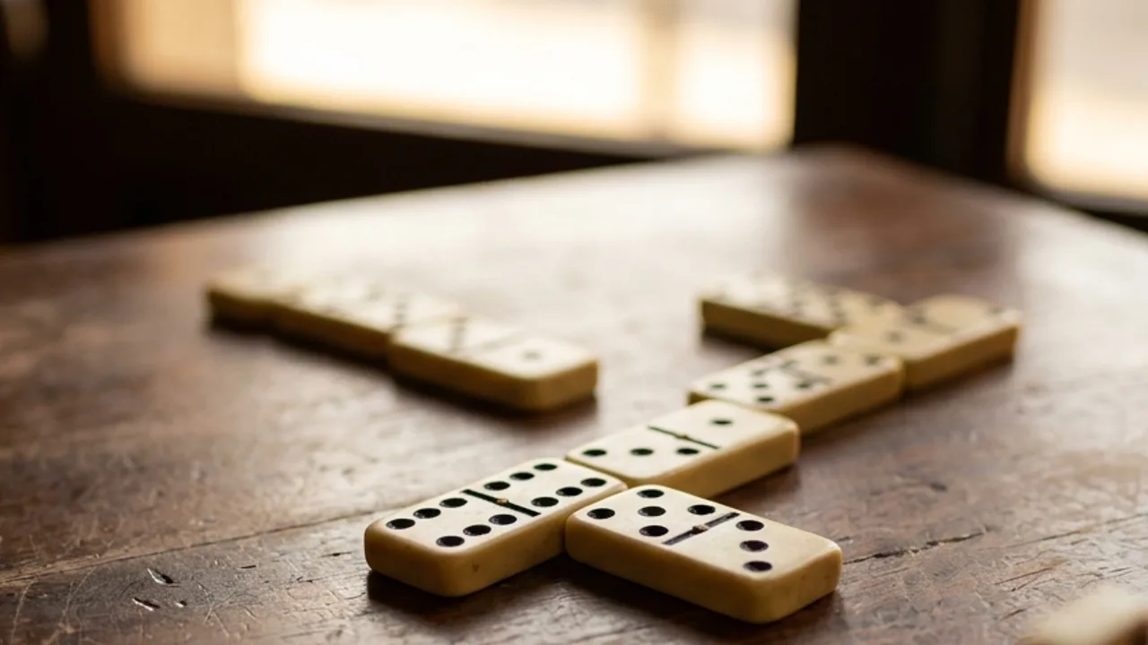 A game of dominoes in progress on a wooden café table