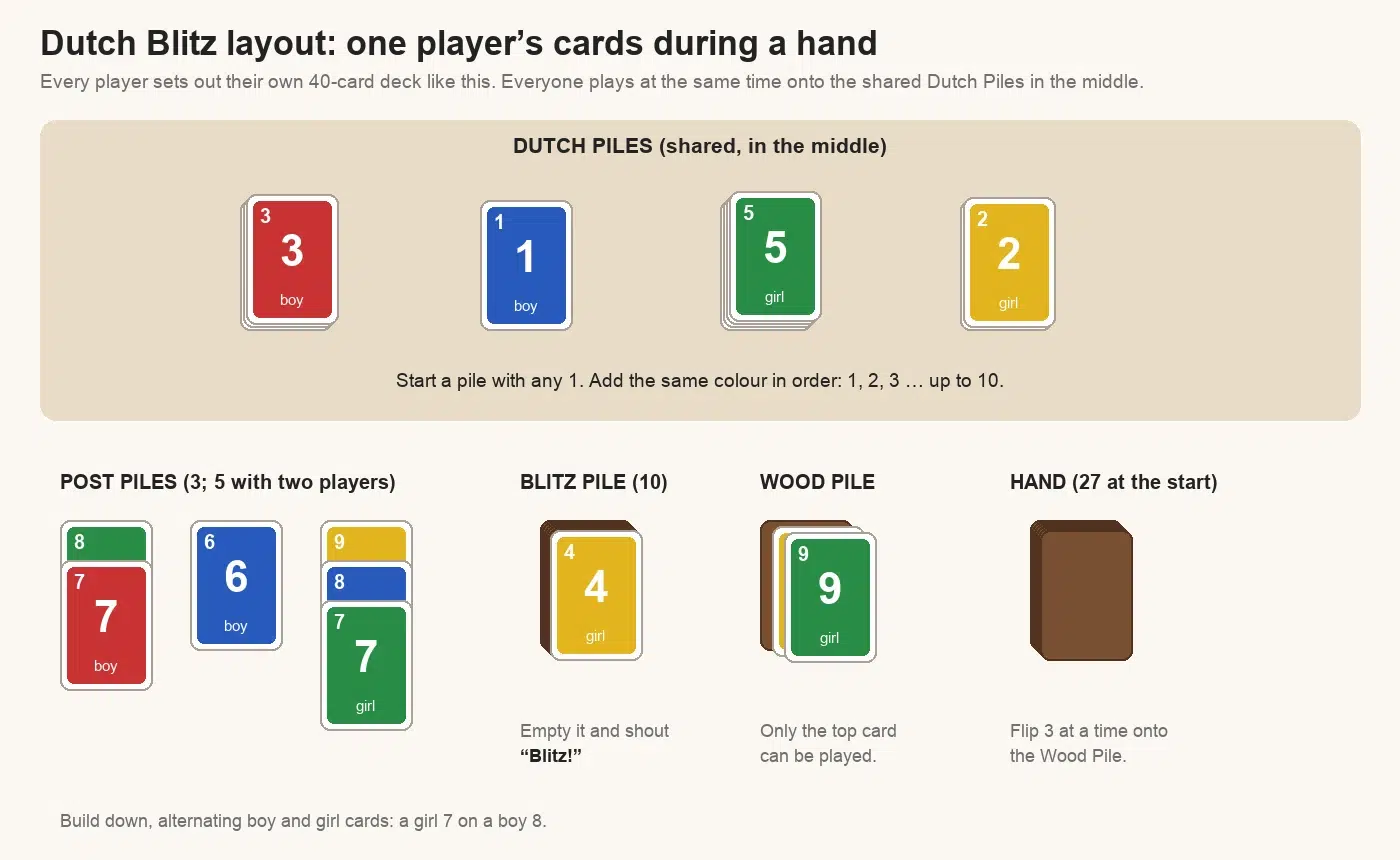 Dutch Blitz layout for one player: shared Dutch Piles in the middle built up from 1 in each colour, three Post Piles built down alternating boy and girl cards, the Blitz Pile of 10, the Wood Pile and the hand