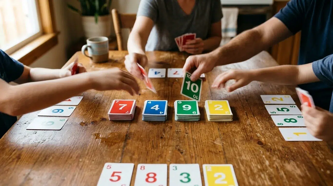 Family playing a fast card game at a wooden table, hands reaching in to put numbered red, blue, green and yellow cards on four piles in the middle