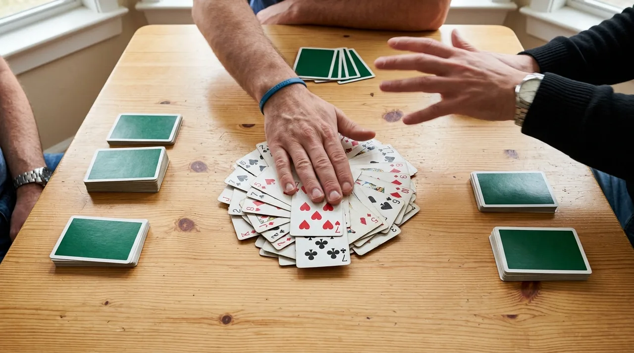 A game of Egyptian Rat Screw on a wooden table: one hand slaps flat on a pile of face-up cards with the 7 of hearts on the 7 of clubs on top, a double, while another player reaches in a moment too late, with face-down stacks of cards around the table