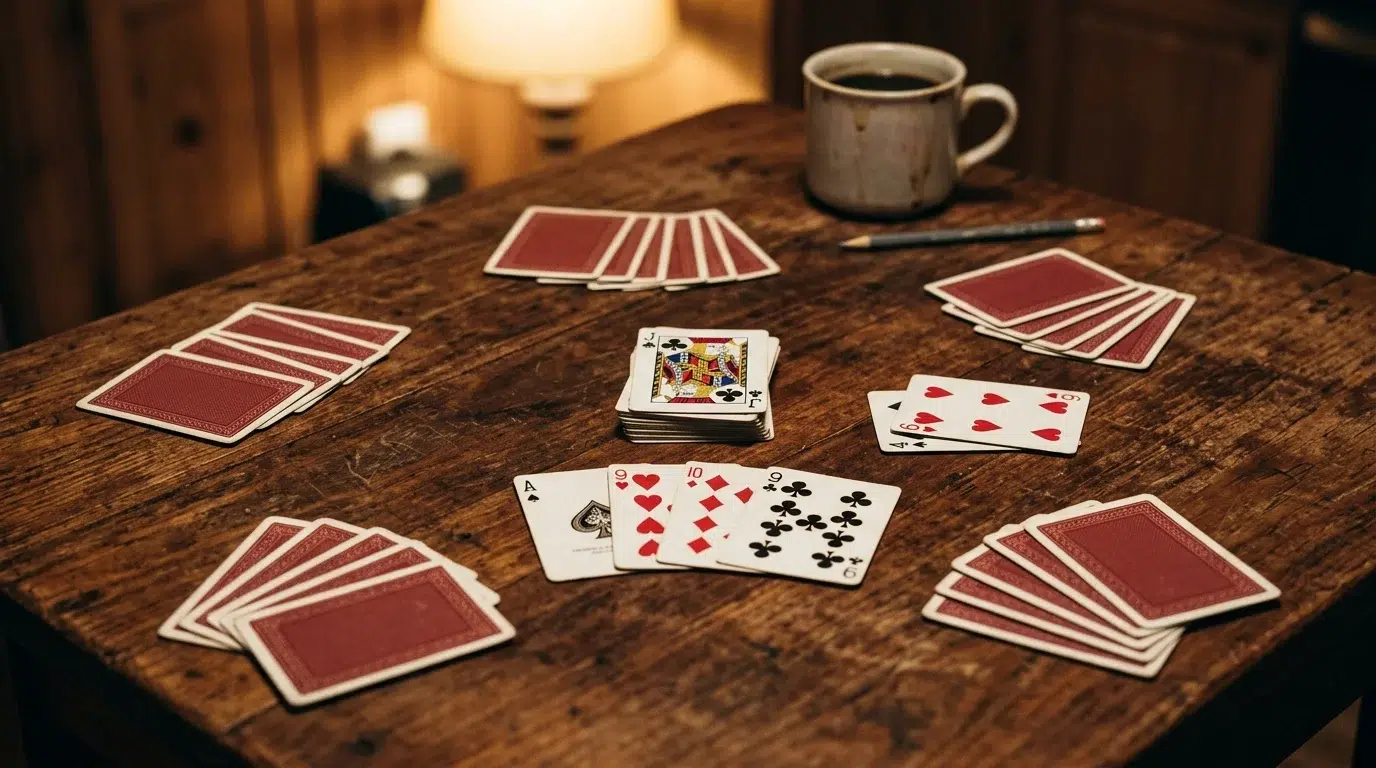 A game of Euchre on a wooden table: hands of five cards lying face down, a jack turned up on the kitty in the middle and a trick of nines, a ten and an ace