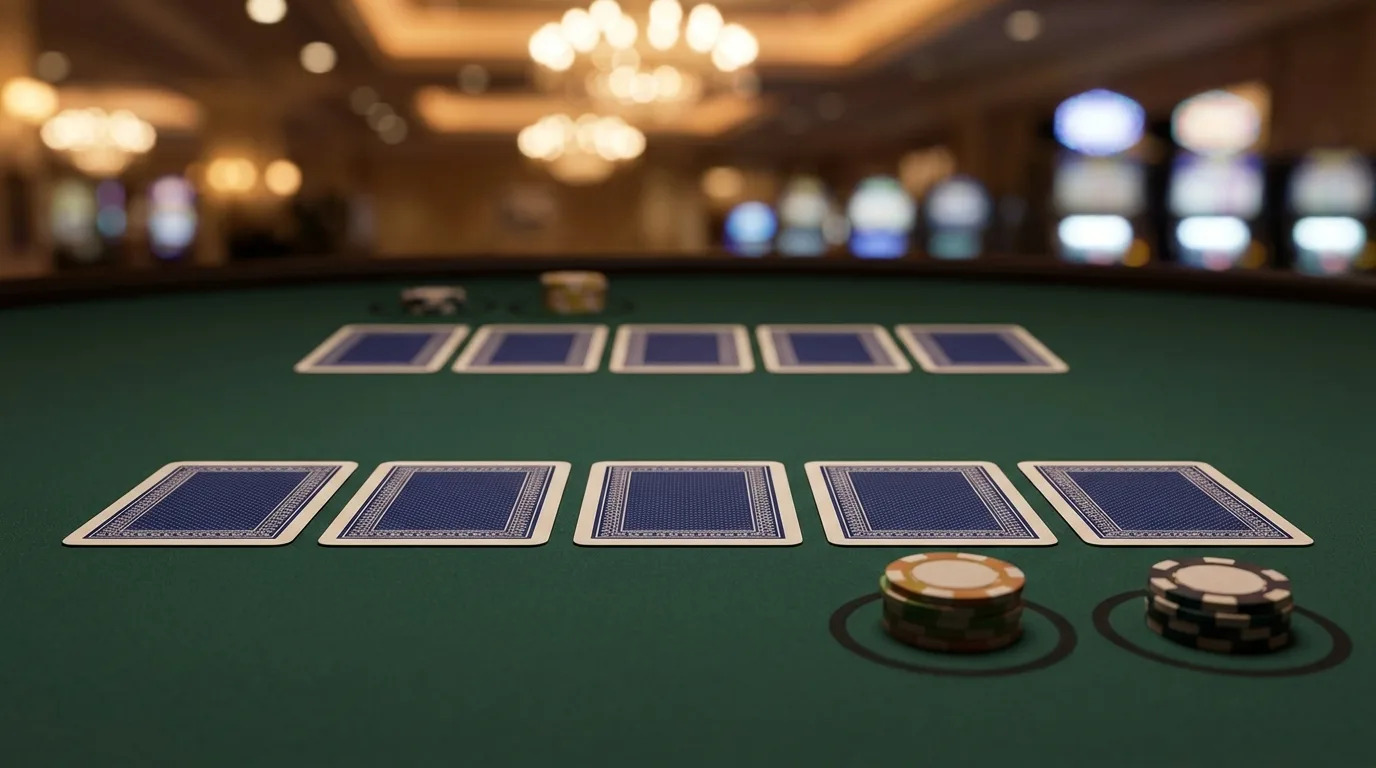 Five face-down cards and two chip stacks on the betting circles in front of the player at a green Four Card Poker table, with the dealer's cards behind