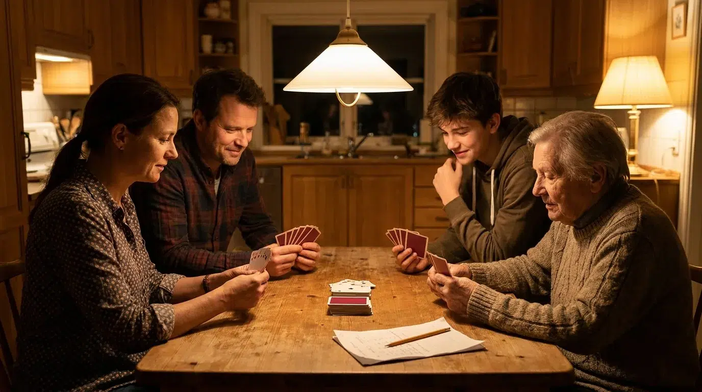 A family of four playing a rummy card game at a wooden kitchen table in the evening: two parents, a teenager and a grandparent hold fans of cards with plain red backs, with a draw pile, a discard pile and a score sheet with a pencil in the middle of the table