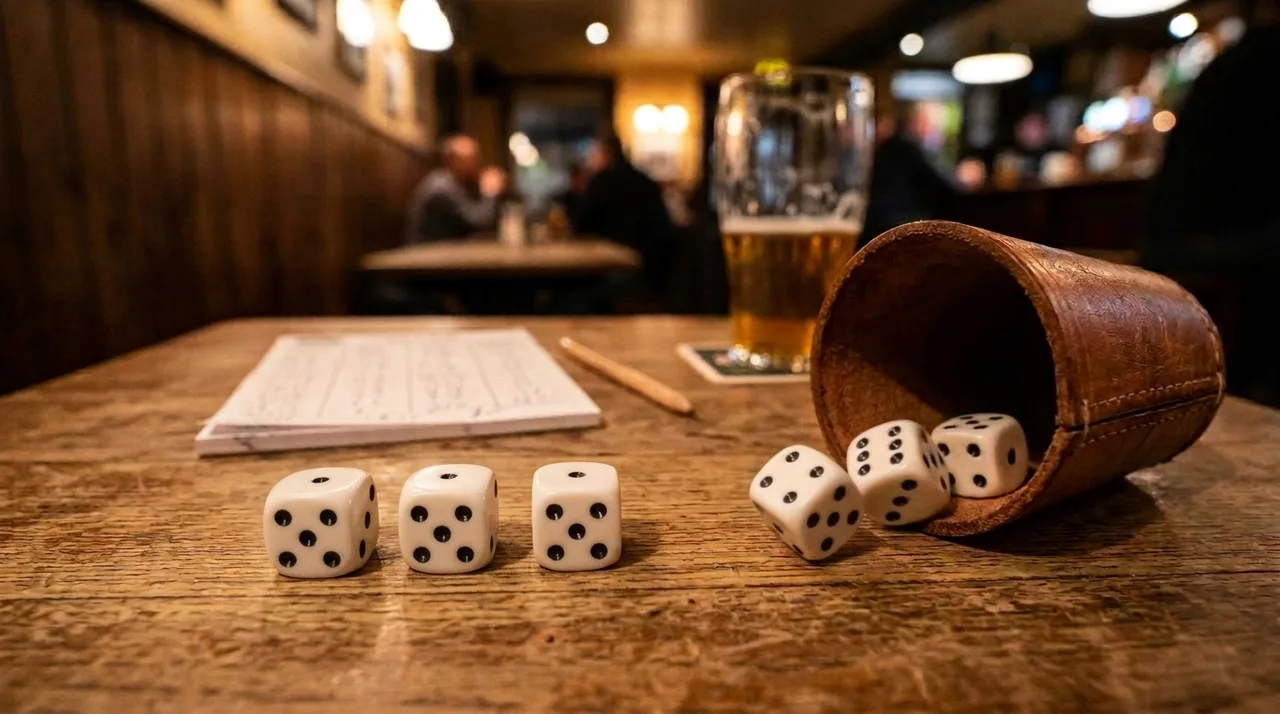A game of Farkle on a pub table: three dice set aside showing a one each, three more dice tumbling out of a leather dice cup, and a score pad and pencil behind them