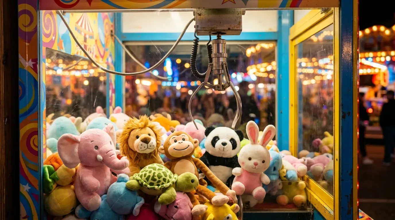 Arcade claw machine full of plush toys including a pink elephant, a lion, a monkey, a panda and a rabbit