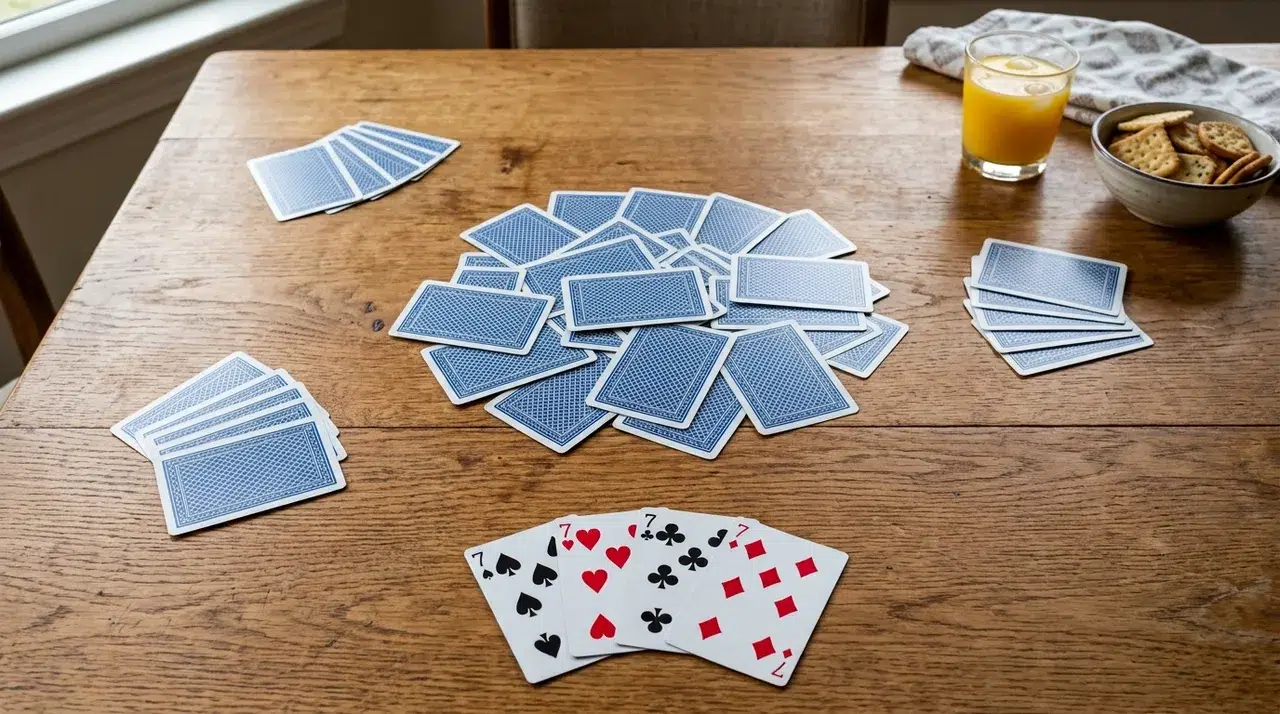 A game of Go Fish on a wooden kitchen table: a messy pond of face-down cards in the middle, three face-down hands around it and a completed book of four sevens laid face up in front