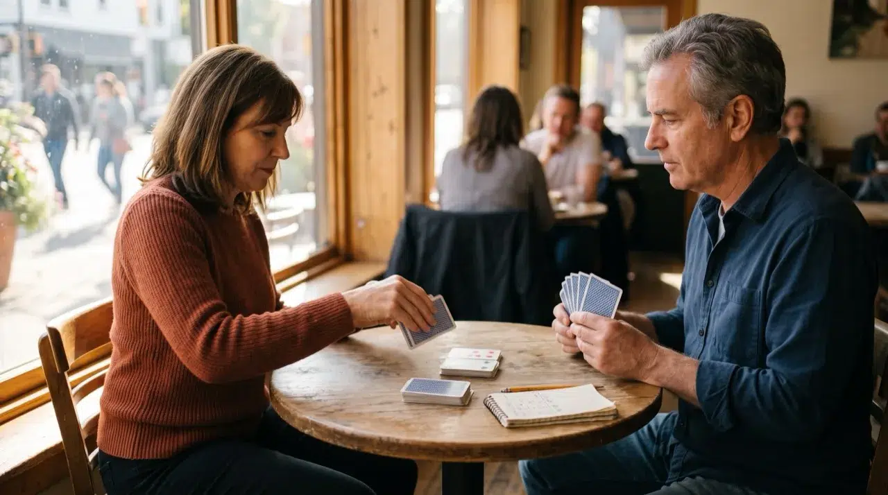 Two people playing gin rummy at a round café table, one laying their hand down to knock