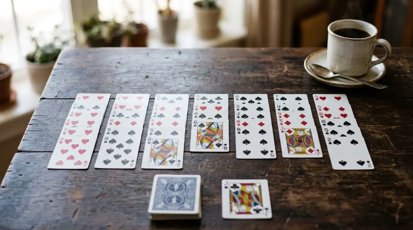 A game of Golf solitaire on a wooden table: seven columns of face-up playing cards, a face-down stock and a face-up foundation card, with a cup of coffee