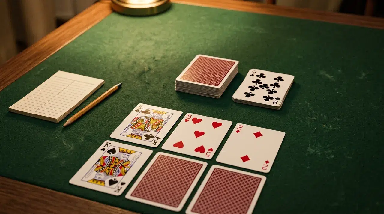 A game of six-card Golf on green felt: a layout of six cards in two rows of three, with the King of clubs above the King of spades, the 5 of hearts and the 2 of diamonds face up and two cards face down, beside a draw pile and a discard pile topped by the 9 of clubs