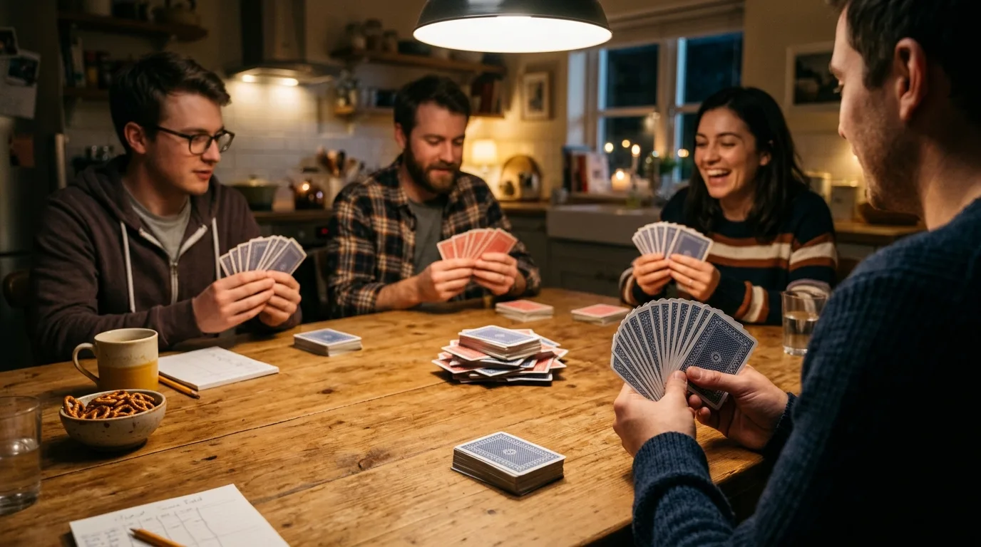 Four friends playing Hand and Foot at a wooden kitchen table, each holding a fan of cards, with a face-down foot packet in front of a player and a draw pile of several decks in the middle