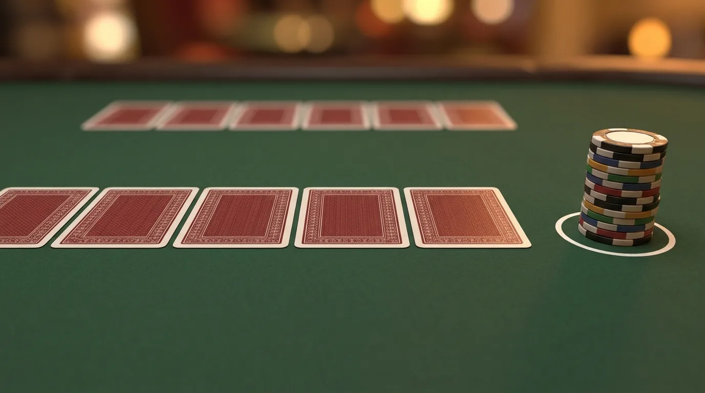 Face-down cards in front of the player and a stack of chips on the betting circle, with the dealer's cards behind, on a green High Card Flush table