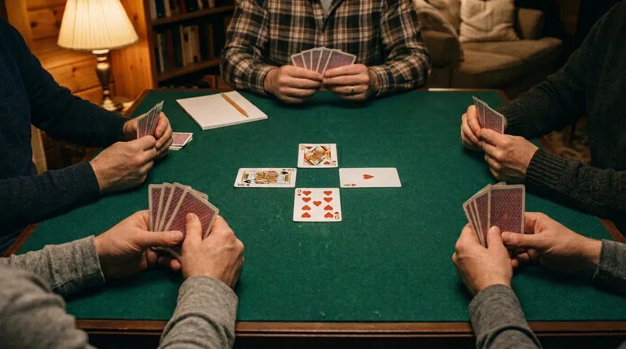 A game of Hearts on a green felt card table at home: players hold their cards face down while a trick of the King of spades, Queen of hearts, Ace of hearts and 9 of hearts lies face up in the middle, beside a blank score pad and pencil