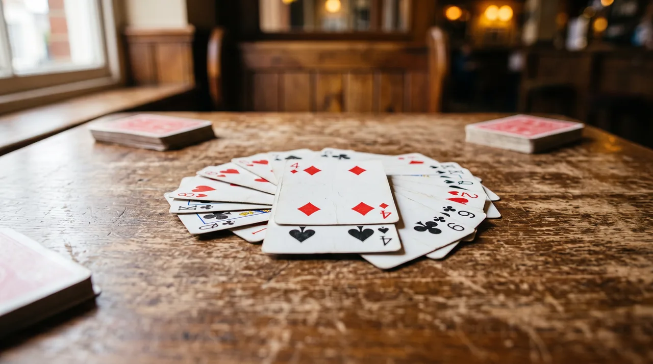 An Irish Snap pile on a wooden pub table: a fan of face-up playing cards with the four of diamonds lying on the four of spades, and face-down stacks with red backs at the edges of the table