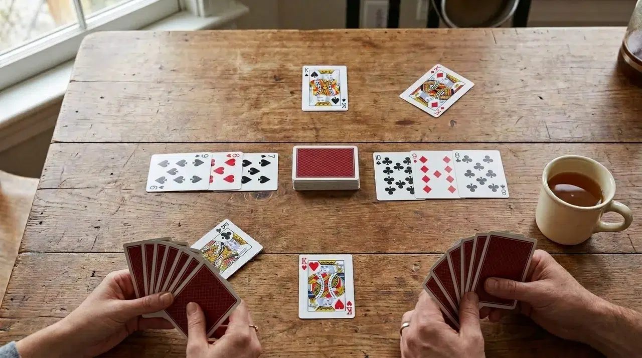 A game of Kings Corner on a wooden kitchen table: a face-down stock in the middle, a row of 9 of spades, 8 of hearts and 7 of spades on one side and 10 of clubs, 9 of diamonds and 8 of clubs on the other, the four Kings laid out around them, two players holding their cards and a mug of tea