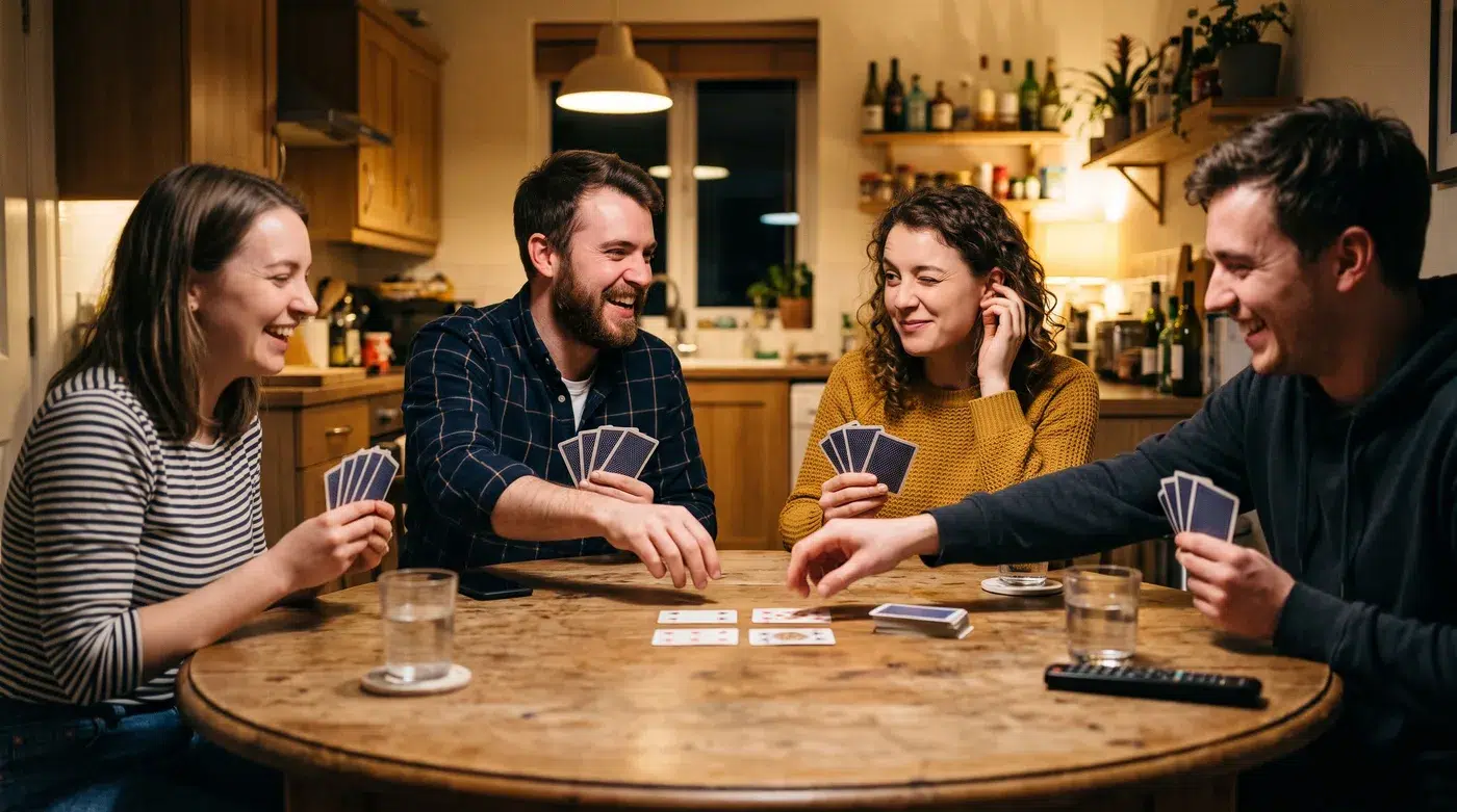 Four friends playing Kemps at a kitchen table, each holding four cards, with four cards face up in the middle; one player winks and touches her ear as a secret signal to her partner
