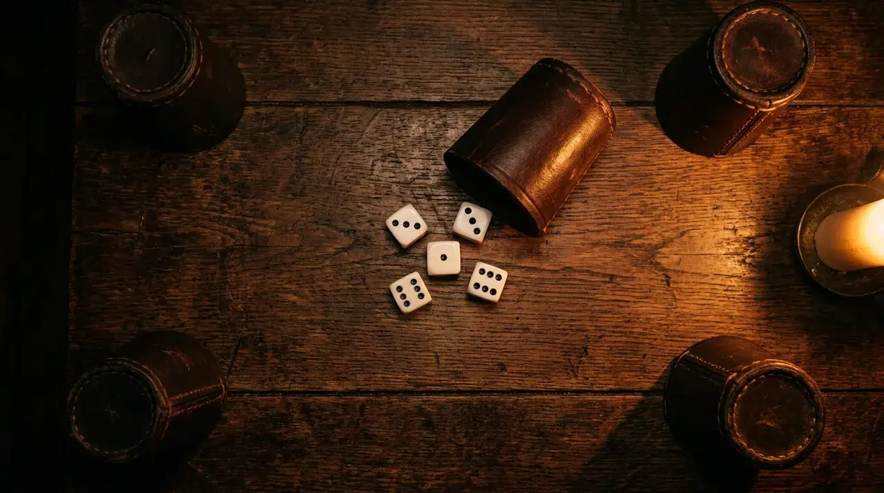 Liar's dice on a candlelit wooden table seen from above: four leather dice cups turned upside down, and one cup on its side next to its five dice showing 3, 3, 1, 6 and 6