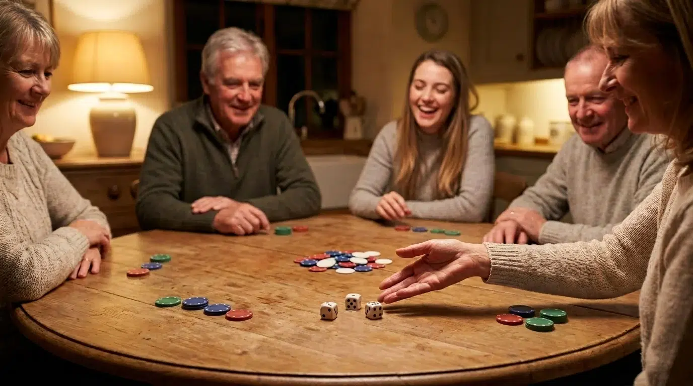 Five people around a wooden kitchen table playing Left Right Center, with a few poker chips in front of each player, a pot of chips in the middle and three dice just rolled