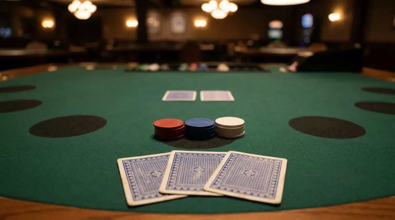 Three face-down cards in front of the player, two face-down community cards in the middle and three equal stacks of chips on the betting circles of a Let It Ride table