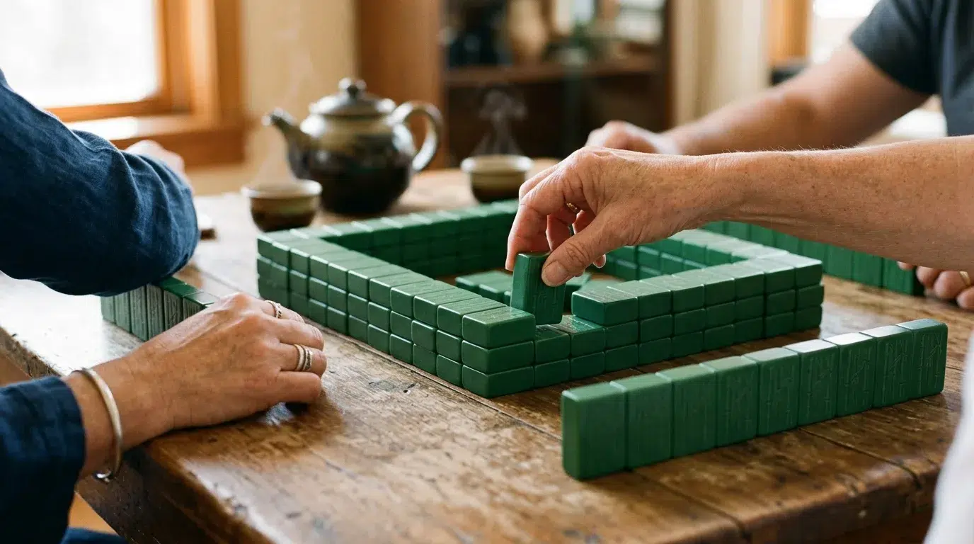 A game of mahjong on a wooden table: a square wall of face-down green-backed tiles, a row of standing tiles, and one hand drawing a tile
