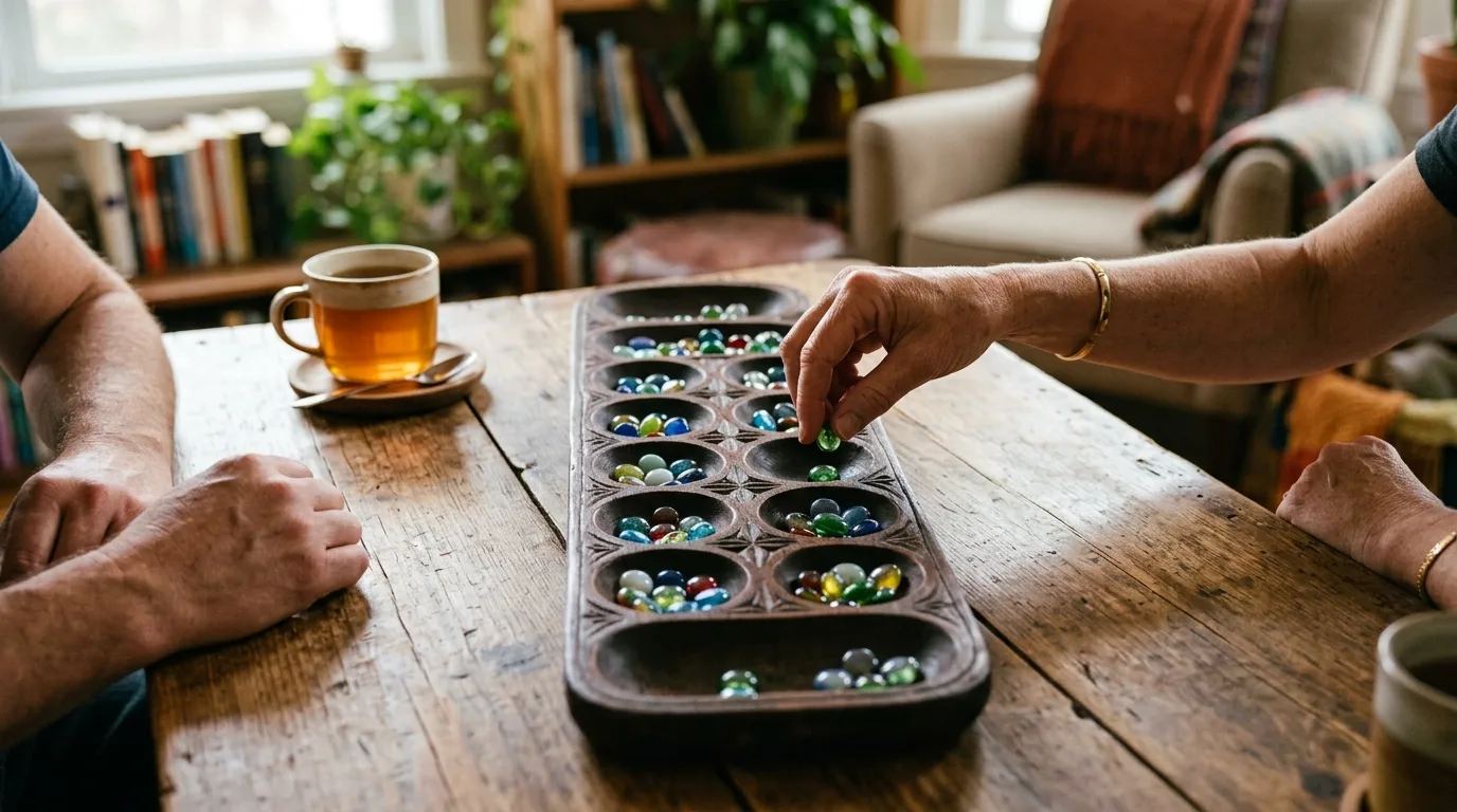 Two people playing mancala at a wooden table, one dropping a glass stone into a pit of a carved board with two rows of six pits and a store at each end