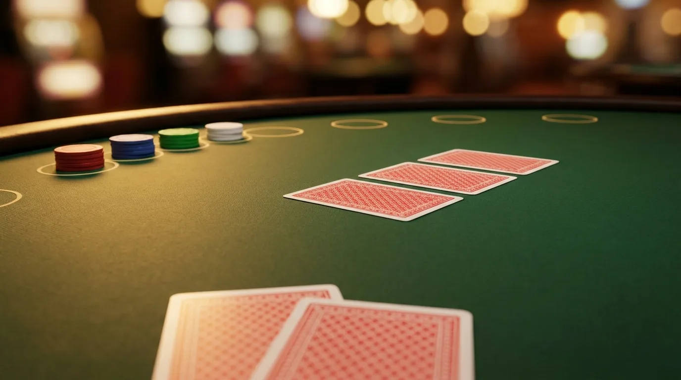Two face-down cards in front of the player, three face-down community cards in the middle and four chip stacks on the betting circles of a green Mississippi Stud table