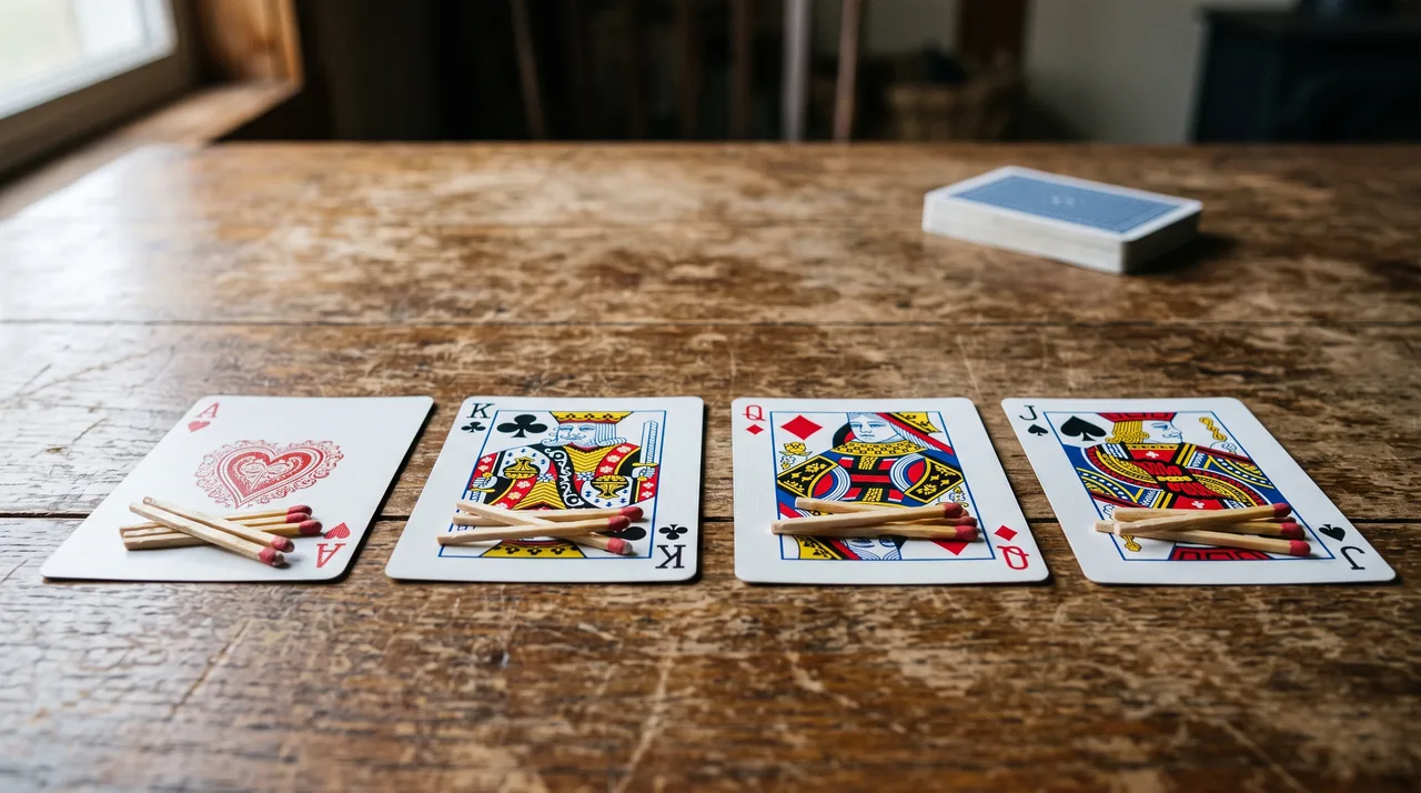 The four Newmarket horses in a row on a wooden table - the ace of hearts, king of clubs, queen of diamonds and jack of spades - each with a small pile of matchsticks staked on it