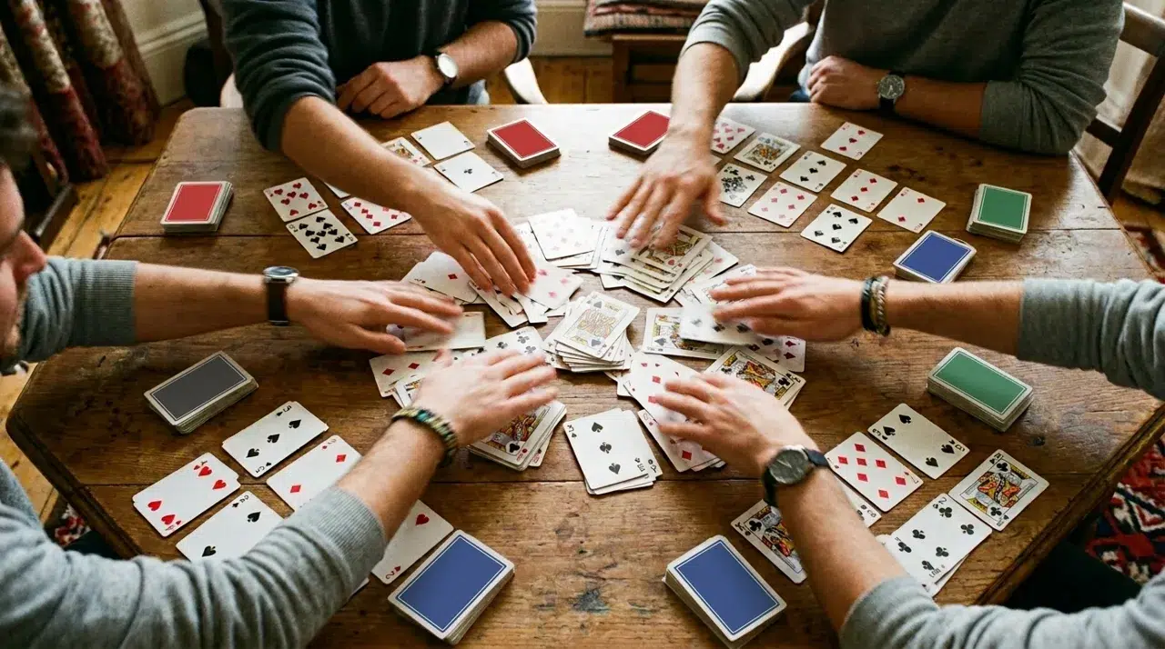 A game of Nertz seen from above: four players reach into the middle of a wooden table at the same time, each with their own solitaire layout and their own pack with a different coloured back, red, blue, green and charcoal, while face-up cards pile up on the shared foundations in the centre