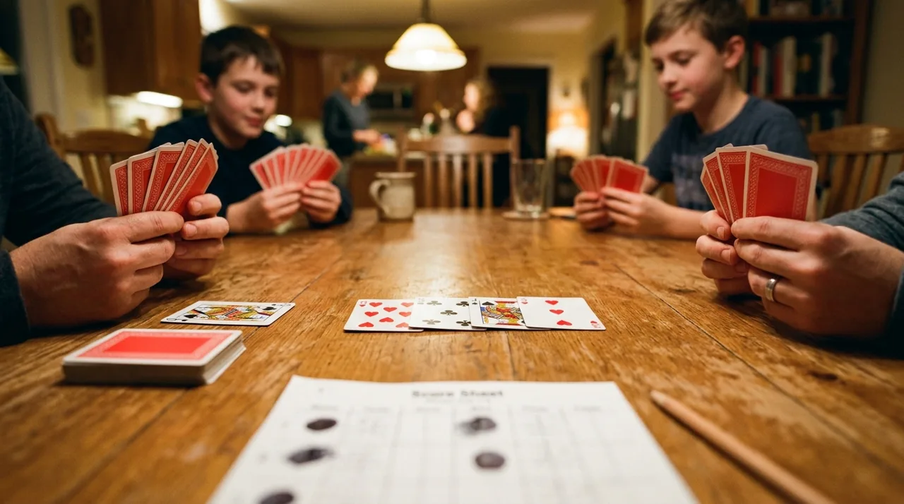 A family game of Oh Hell at a wooden kitchen table: four players hold their cards, one trick of four cards lies face up in the centre, the stock sits face down beside a turned-up card, and a score sheet with black blobs over missed bids lies in the foreground