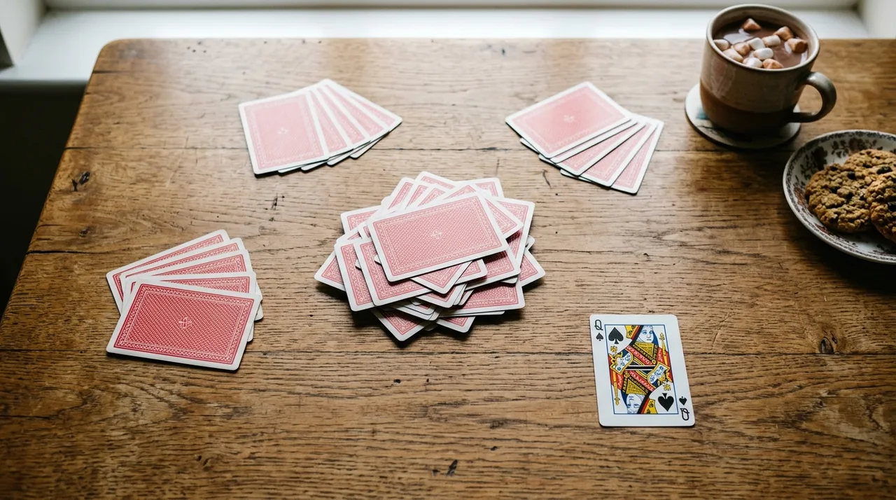 A game of Old Maid on a wooden table: a pile of discarded pairs face down in the middle, three small face-down hands around it and the Queen of Spades lying face up on its own