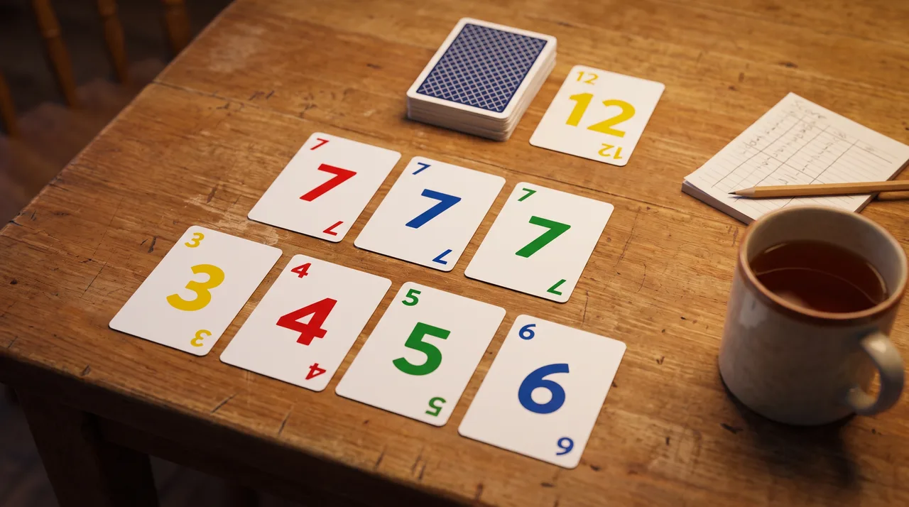 A game of Phase 10 on a wooden kitchen table: a set of three 7s in red, blue and green and a run of 3, 4, 5 and 6 laid down together, which makes Phase 2, next to a face-down draw pile, a discard pile showing a yellow 12, a score pad, a pencil and a mug of tea