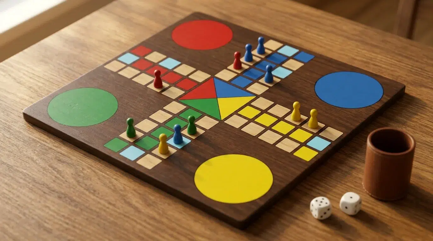 A cross-and-circle race board game on a wooden table, with red, blue, green and yellow pawns on the track, two dice and a leather dice cup