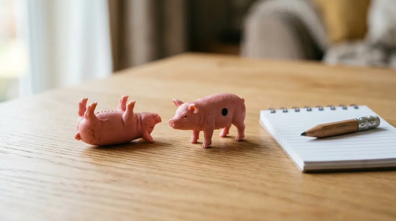 Two small pink pig figures used as dice on a wooden table, one on its back and one standing on four feet, next to a score pad and pencil