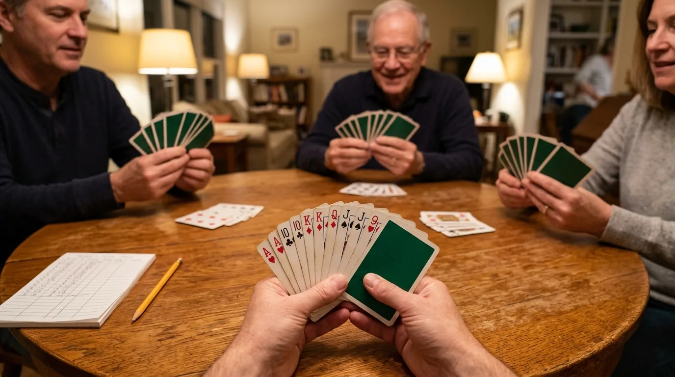 A game of four-handed pinochle at a round wooden table in a living room: three players hold fanned hands of cards with plain green backs, a score pad and pencil sit on the table, and in the foreground a player holds a hand of Aces, Tens, Kings, Queens, Jacks and a Nine