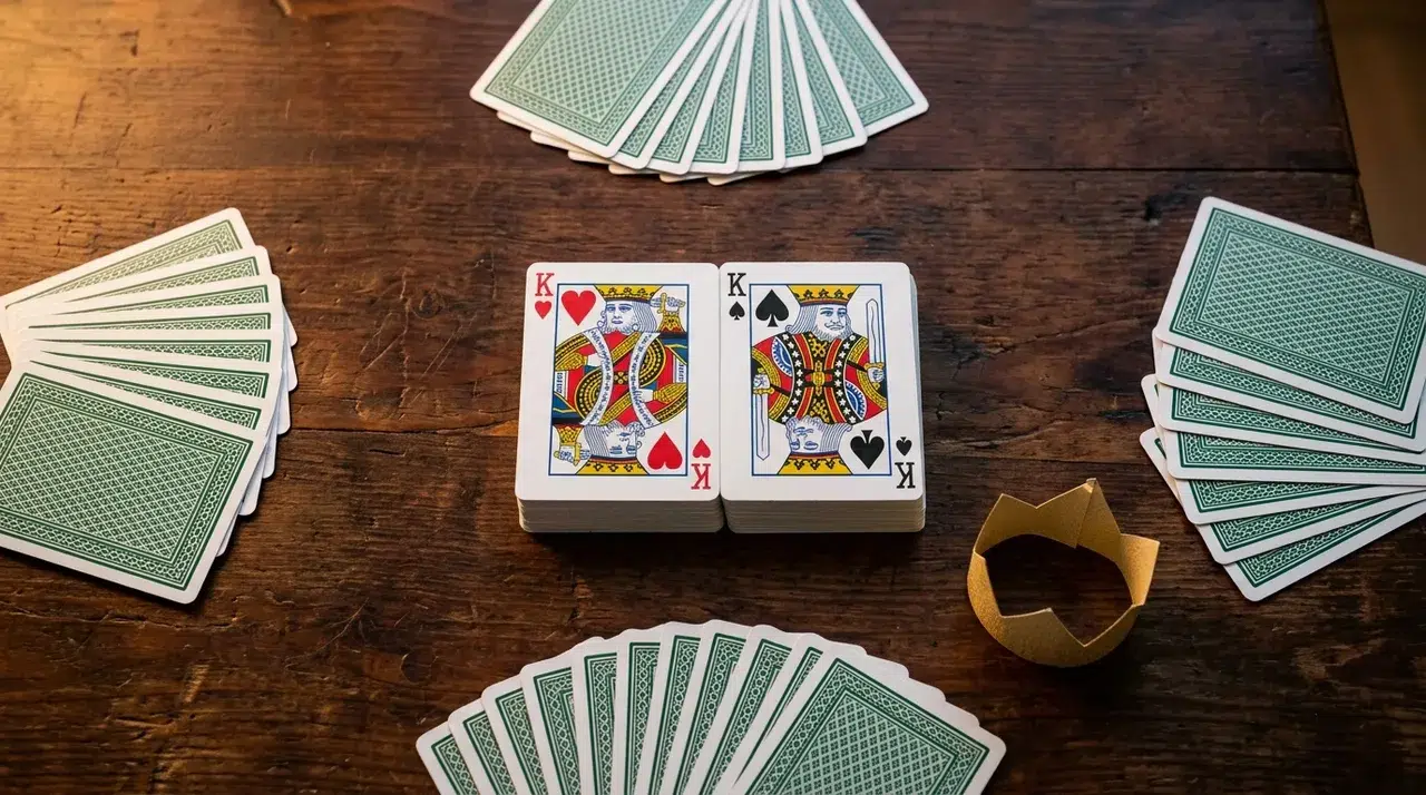 A game of President seen from above: the King of Hearts and King of Spades face up on the pile in the middle, four face-down hands around the table and a small gold paper crown for the President
