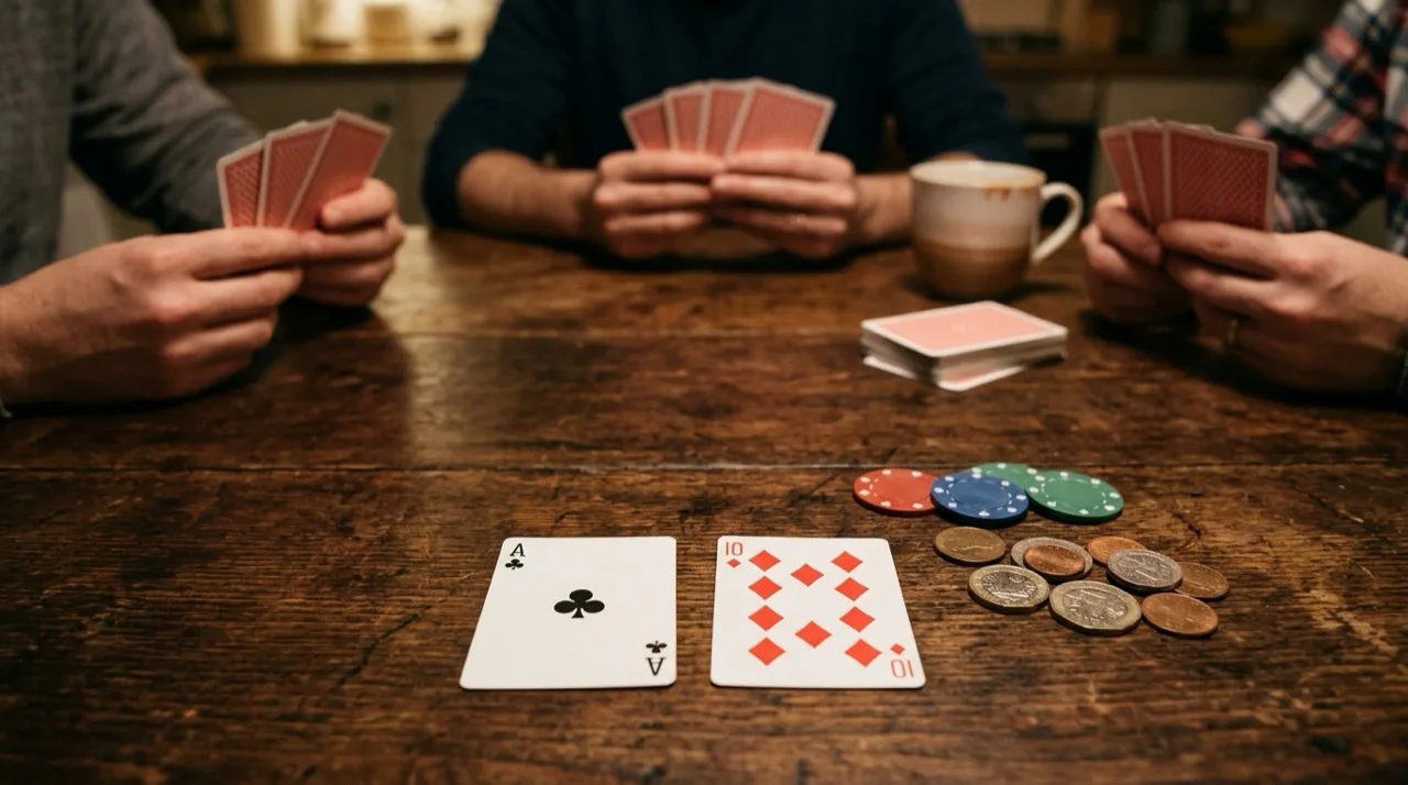 A pontoon on a wooden kitchen table: the ace of clubs and the ten of diamonds face up next to coins and chips, with other players holding their cards