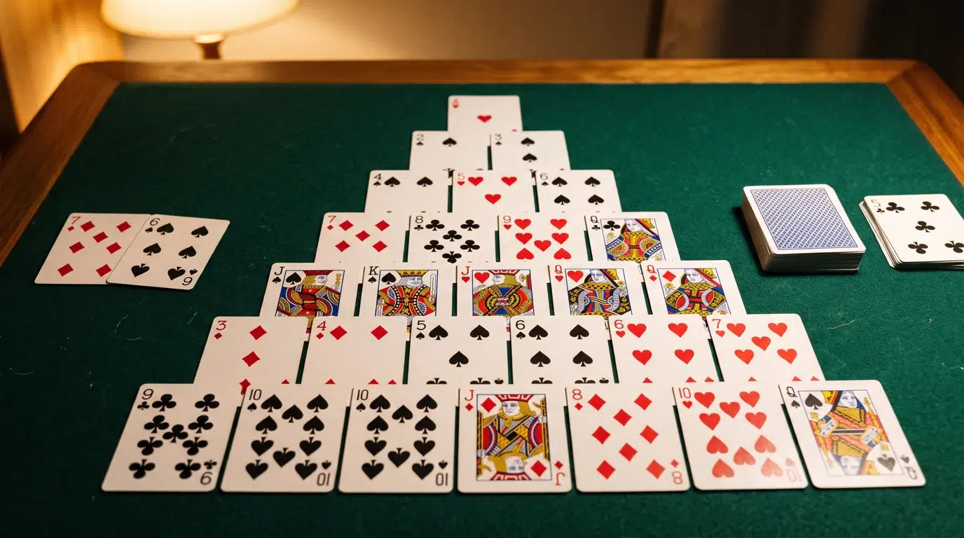 A game of Pyramid solitaire on a green felt table: a triangle of face-up playing cards in seven rows, with the face-down stock beside it