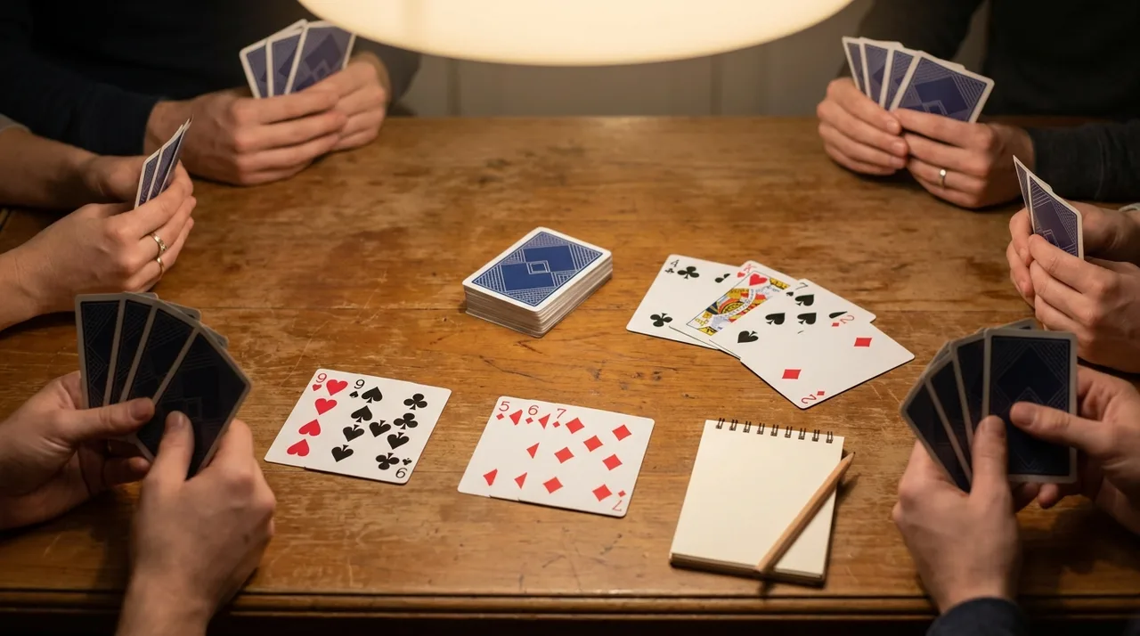 A game of Rummy 500 on a wooden dining table: a face-down stock, a spread discard pile showing the 4 of clubs, King of hearts, 7 of spades and 2 of diamonds, and in front of one player a set of three 9s and a run of the 5, 6 and 7 of diamonds, with a notepad and pencil for the score