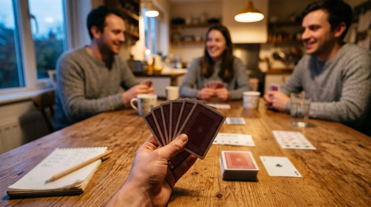 Four friends playing rummy at a wooden kitchen table, a fan of cards in the foreground
