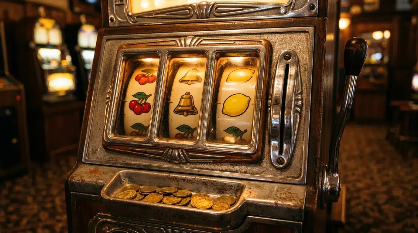 Vintage three-reel fruit machine showing cherries, a bell and a lemon, with gold coins in the payout tray
