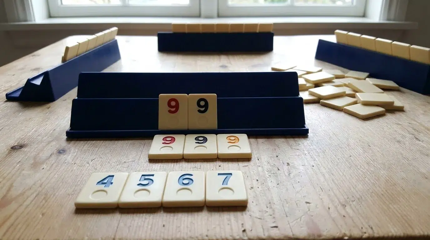 A tile rummy game on a wooden table: a blue run of 4, 5, 6 and 7, a group of three 9s in red, black and orange, tile racks and a pile of face-down tiles