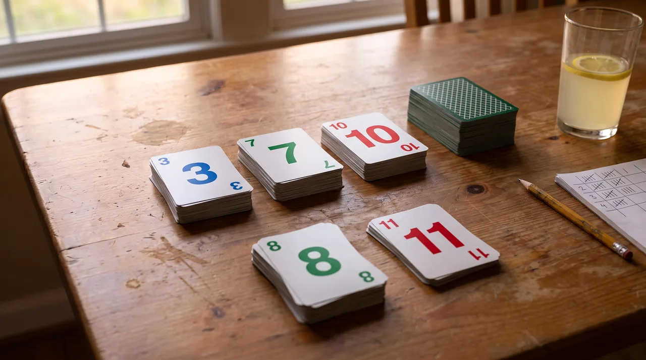 A game of Skip-Bo on a wooden table: three building piles showing a blue 3, a green 7 and a red 10, a stock pile with a green 8 face up on top, a discard pile with a red 11 and a face-down draw pile