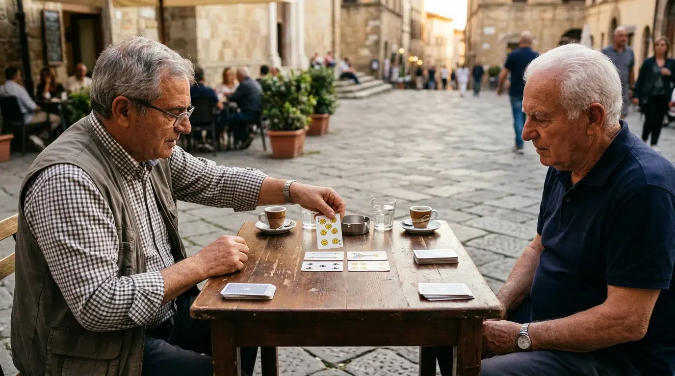 Two men playing Scopa at a wooden cafe table in an Italian piazza; four Italian-suited cards lie face up in a square, and one player lays down the seven of coins